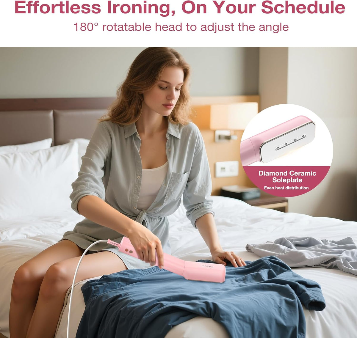 Newbealer 2in1 Travel Iron with Global Voltage, 100-240V Clothes Steamer, Dry Ironing & 2 Steam Levels, Non-Stick Ceramic Soleplate, Fabric Wrinkle Remover, Auto-off, Self Cleaning, No Clamp (Pink)