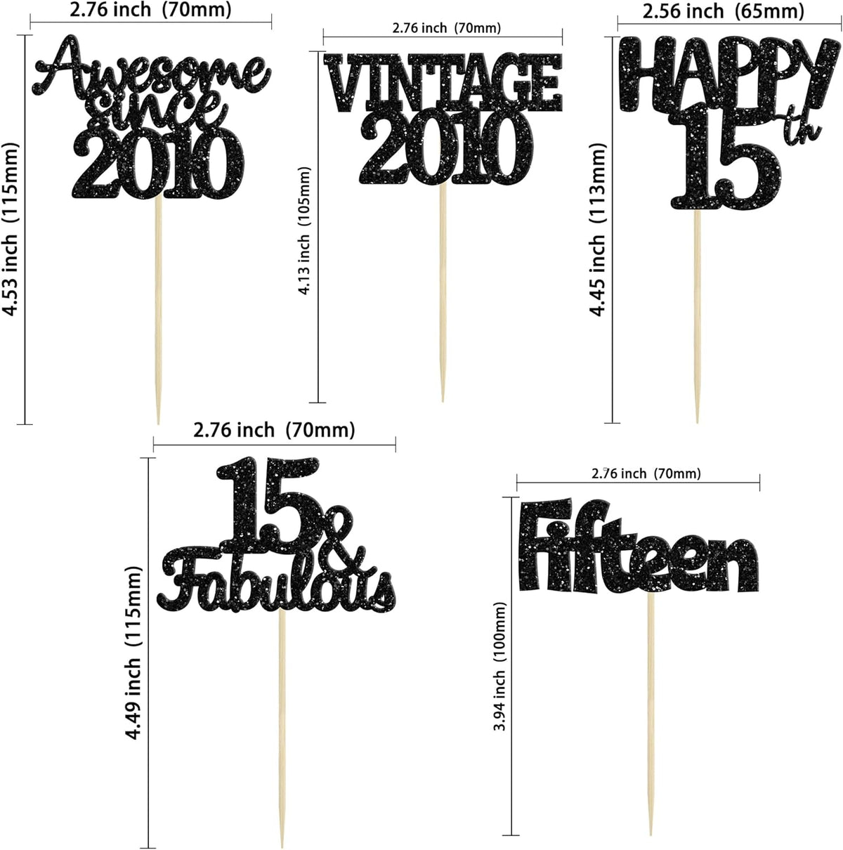 Gyufise 30Pcs Vintage 2010 Cupcake Toppers Glitter Sweet 15 Happy 15th Cupcake Picks Happy 15th Birthday Cake Decorations for Happy 15th Birthday Fabulous Anniversary Party Supplies Black