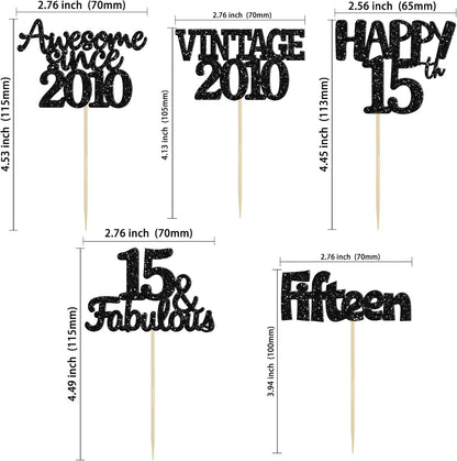 Gyufise 30Pcs Vintage 2010 Cupcake Toppers Glitter Sweet 15 Happy 15th Cupcake Picks Happy 15th Birthday Cake Decorations for Happy 15th Birthday Fabulous Anniversary Party Supplies Black