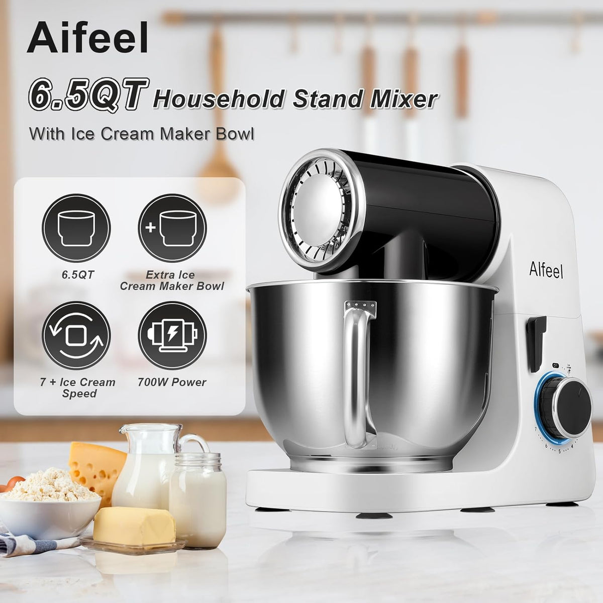 Aifeel Stand Mixer,6.5QT Kitchen Electric Mixer with 2QT Ice Cream Maker Bowl, 6 in 1 Multifunctional Bread Dough Mixer with Dough Hook,Whisk & Beater, Food Mixer for Baking (Black-White)