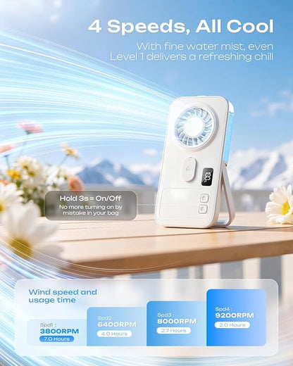 Otlonpe Mini Portable Handheld Misting Fan Hand Held Rechargeable Portable Fan with Mist 4-Speed LED Display Slim Foldable Small Personal Cooling Water Spray Mister Fans for Travel Women Kids (White)