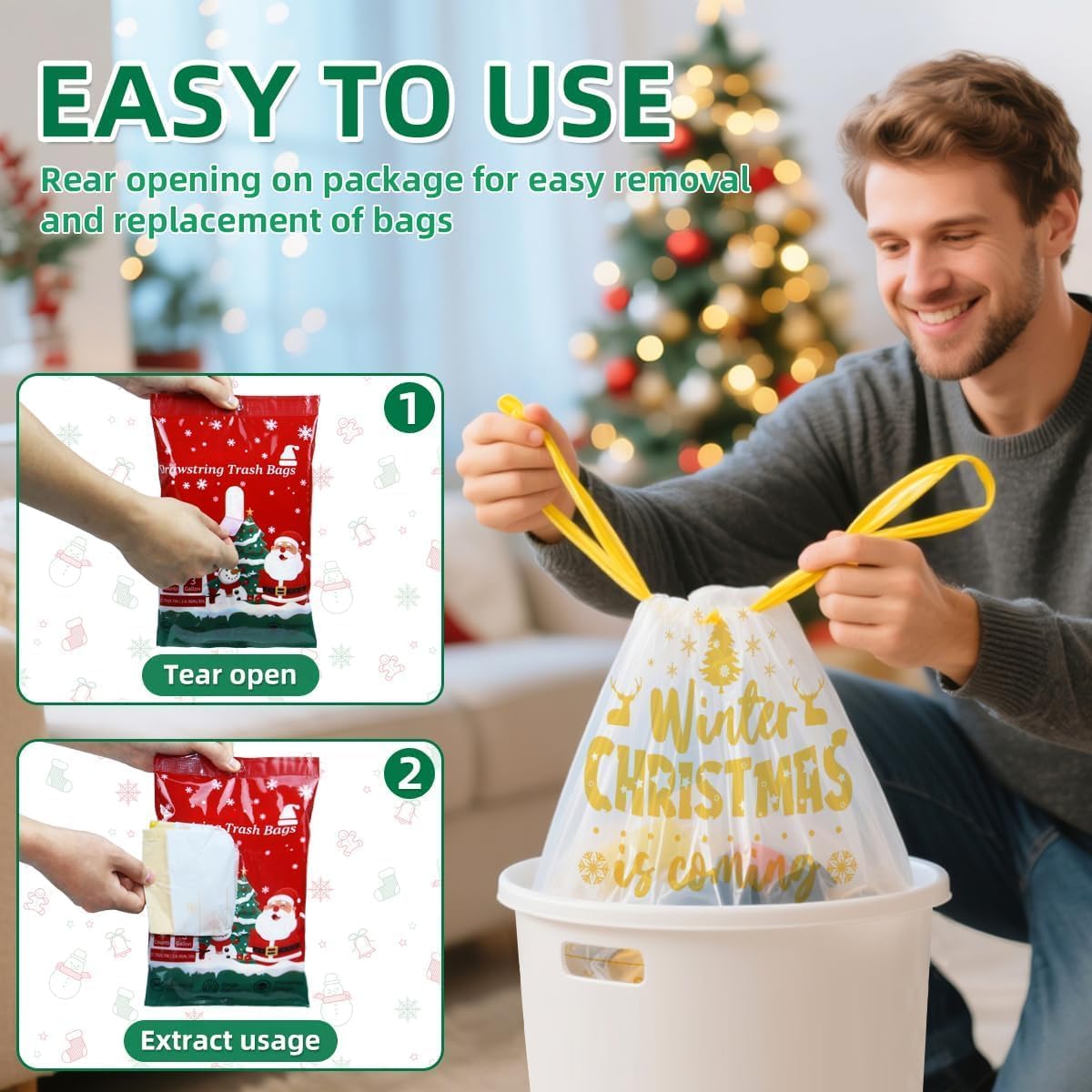 XUXRUS Small Christmas Trash Bags, 3 Gallon Christmas Garbage Bags 50 Count, Holiday Trash Bags, Festive Gold Printed Drawstring Garbage Bags for Kitchen & Bathroom, Holiday Supplies