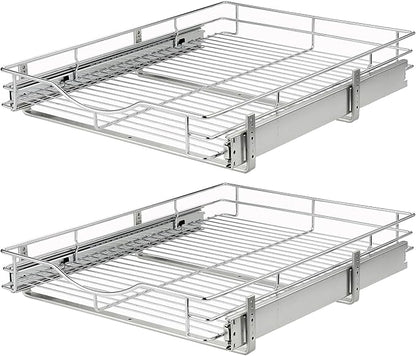 DINDON Pull Out Cabinet Organizer, (14" W x 18" D) Heavy-Duty Metal Sliding Drawer Shelf, Bathroom Under Sink Kitchen Cabinets Organizer and Storage Slide Out Shelves, Chrome, 1 Tier, 2 Pack