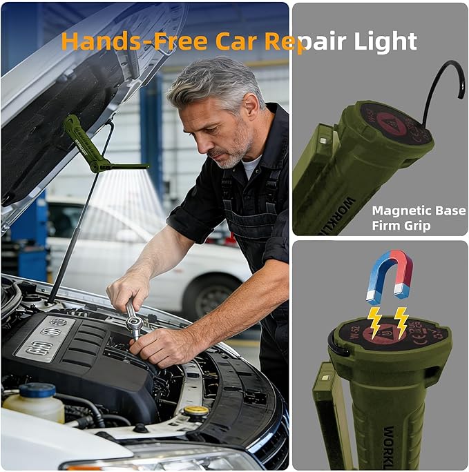 LED Work Light Rechargeable Flashlight, Tool Gifts for Fathers Day Dad Husband Men Boyfriends Him Mechanic Grill Light Inspection Lamp Magnetic Base 5 Modes 360° Rotate Car Emergency Repair Green 4PCS