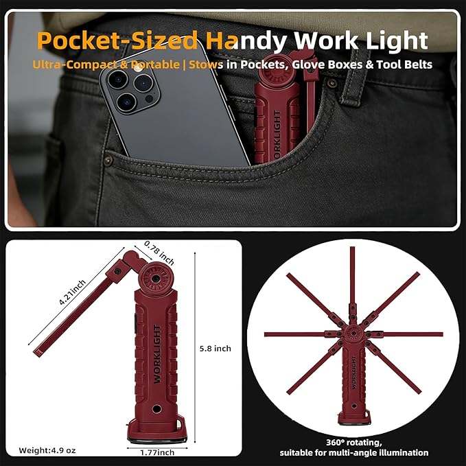 Rechargeable Work Light for Mechanics, Tool Fathers Day Dad Gifts for Men Him Husband Birthday Torch Grill Light Inspection Lamp with Magnetic Base Hook, 5 Modes 360° Rotate Car Repair 2 Pack