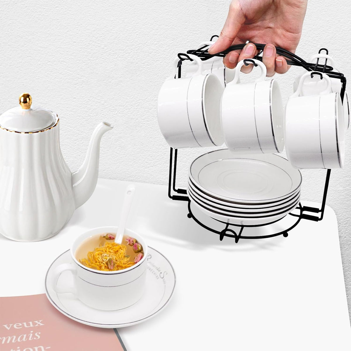 Tea Cups Holder,Black Metal Coffee Cup Tea Cups Rack,Foldable Organizer for Coffee Cup Spoon and Saucers