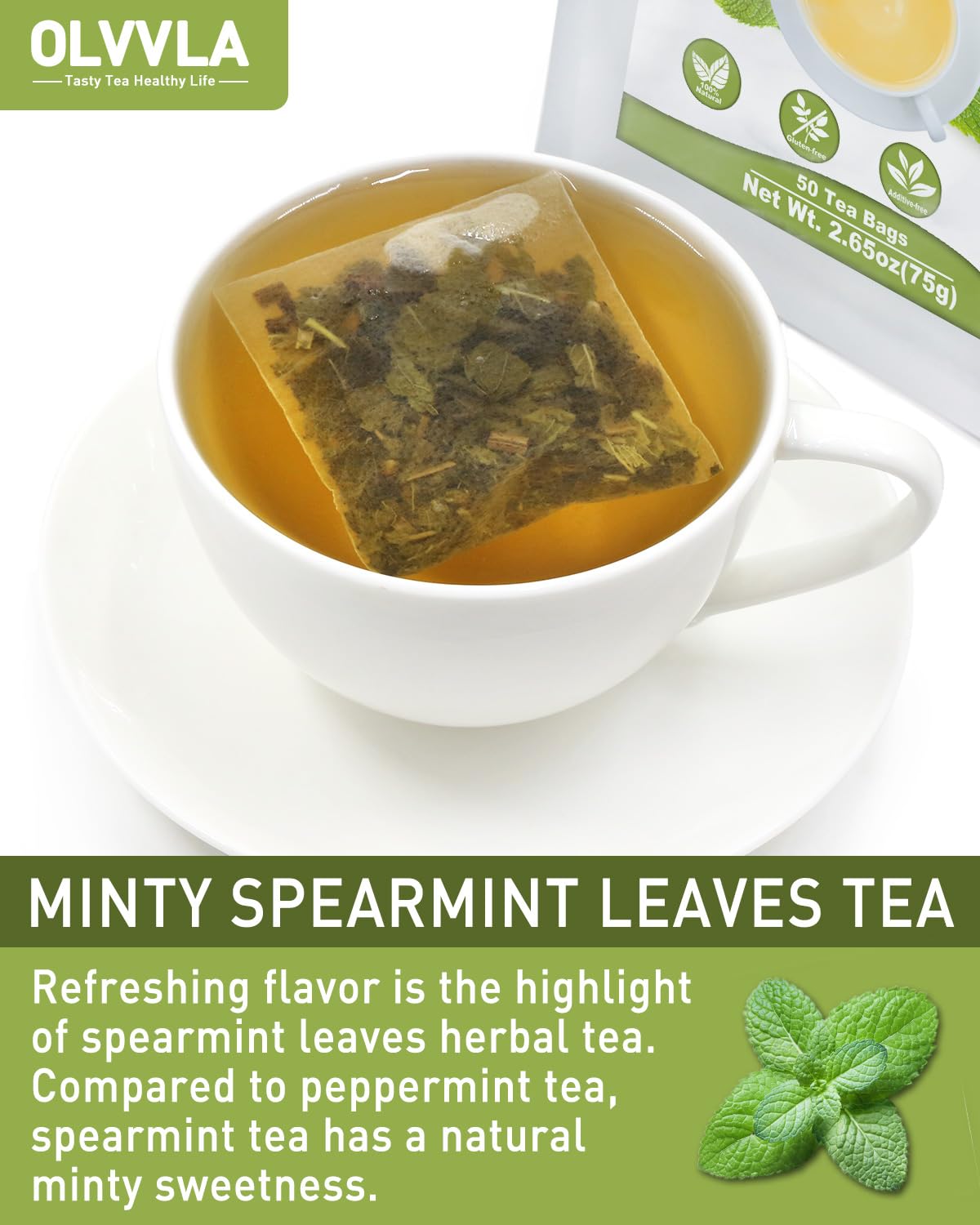 Olvvla - Spearmint Tea Bags - 1.5g X 50 Count - 100% Pure Natural Spearmint Leaves Herbal Tea - Non-GMO - Caffeine-free