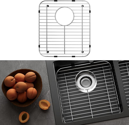 Stainless Steel Sink Protectors for Kitchen Sink, 13.12’’x11.6’’ Sink Protector Grid with Rear Drain, Rust Resistant Sink Grate for Bottom of Kitchen Sink with Sink Drain Strainer