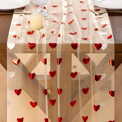 Socomi Valentine's Day Red Heart Table Runner Gauze Sheer Romantic Sequin 10FT Glitter Metallic Foil Dining Wedding Birthday Party Baby Shower Holiday Centerpiece Table Decor Beige