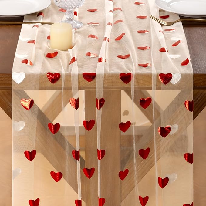 Socomi Valentine's Day Red Heart Table Runner Gauze Sheer Romantic Sequin 10FT Glitter Metallic Foil Dining Wedding Birthday Party Baby Shower Holiday Centerpiece Table Decor 3pcs Beige