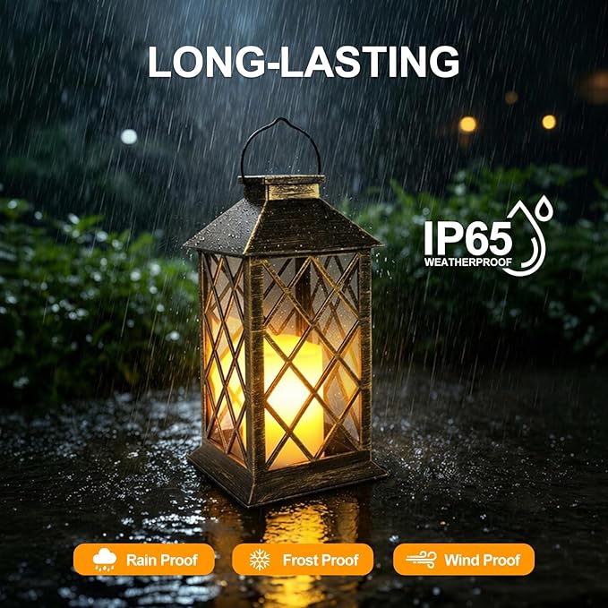 Solar Lanterns Outdoor Waterproof - 2 Pack 14" Large Hanging Solar Lantern with Glass Flickering Flame, IP65 Weatherproof Decorative Lanterns for Garden, Patio, Yard, Porch, Balcony, Gifts Mom Wife