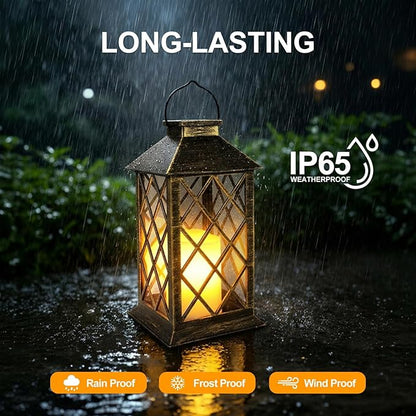 Solar Lanterns Outdoor Waterproof - 2 Pack 14" Large Hanging Solar Lantern with Glass Flickering Flame, IP65 Weatherproof Decorative Lanterns for Garden, Patio, Yard, Porch, Balcony, Gifts Mom Wife