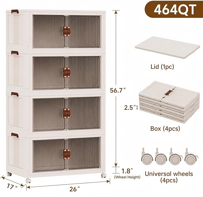 SAILUN 116Gal/464Qt Stackable Storage Bins Folding Collapsible Storage Bins with a Lid, Closet Organizers and Storage,Blush White 26" W x 17" D x 56.7" H