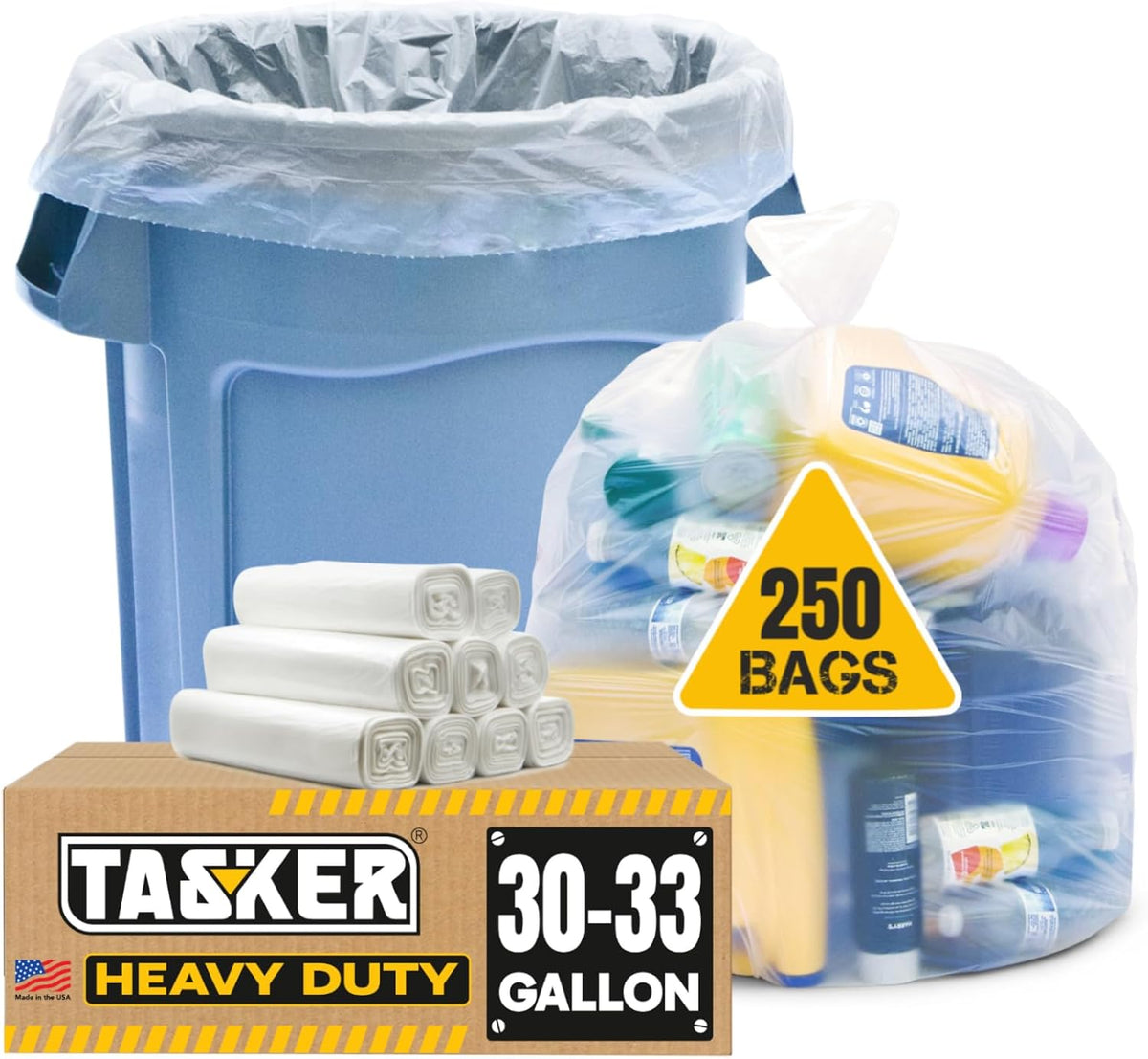 Tasker 30-33 Gallon Clear Trash Bags Heavy Duty (Mega ValuePack 250 Bags) Large Plastic Bags, Great for Recycling 30 Gallon - 32 Gallon - 35 Gallon. Clear Large Trash Bags