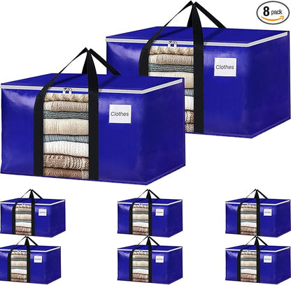 BlissTotes 8 Pack Moving Bags with Clear Window, Storage Bags with Strong Carrying Handles & Zippers,Large Packing Bags for Saving Space, Alternative to Moving Boxes(Blue,24 Gallon)