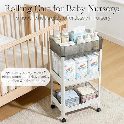 3 Tier Rolling Cart with Wheels 4.7'' Deep Baskets Bathroom Storage Shelf Heavy Duty Plastic Bedside Cart, Large Capacity Snack Stand Diaper Caddy Laundry Room Kitchen Organizer, White