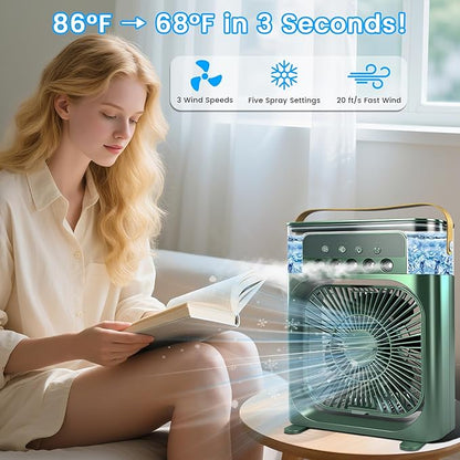 Portable Air Conditioner Fan, Mini Evaporative Air Cooler with 5 Spray Nozzles,3 Wind Speeds,3 Timers, 7 Colors LED Light,600ML Personal AC Unit Fan for Bedroom Office Camping（Green)