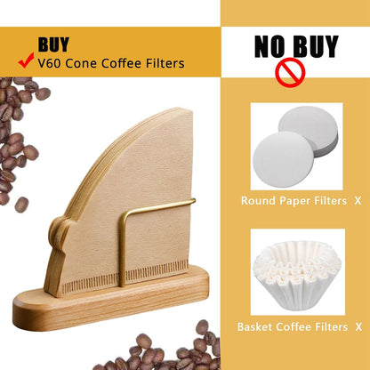 Coffee Filter Holder Stand for V60#1 & #2, Wood & Brass Organizer with 40-Capacity, Space-Saving Storage for Cone Paper Filters