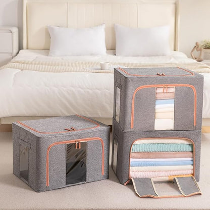 GuliPostan 3 Pack 24L Stackable Clothes Storage Bins with Metal Frame Handles & Zipper, Collapsible Closet Organizer Box with Lid for Bedding Blankets Towel (Grey)