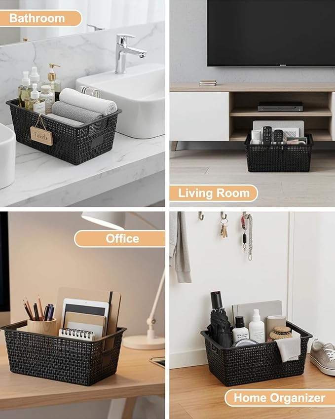 NUMIFUN Storage Bins with Lids, Set of 6, Stackable Woven Design, Black Plastic Containers with Easy Pull Handles, Interlocking Rim, Stackable Storage Boxes with Lids for Pantry, Closet