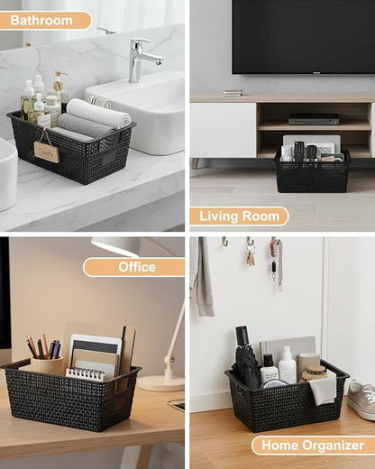 NUMIFUN Storage Bins with Lids, Set of 6, Stackable Woven Design, Black Plastic Containers with Easy Pull Handles, Interlocking Rim, Stackable Storage Boxes with Lids for Pantry, Closet