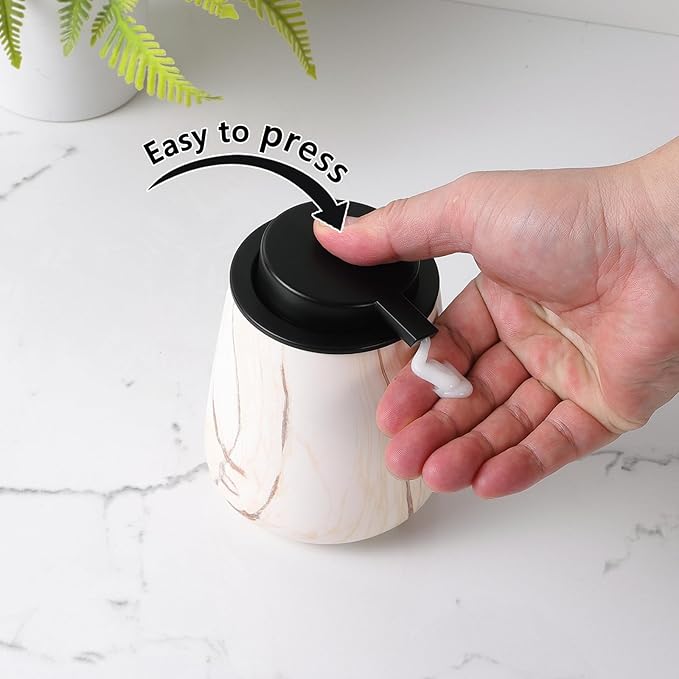 12Oz Ceramic Liquid Soap Dispenser - Modern Lotion Hand Soap Dispenser with Easy-to-Press Black Pump, Reusable and Refillable Dish Soap Dispensers for Bathroom & Kitchen, Marble Brown