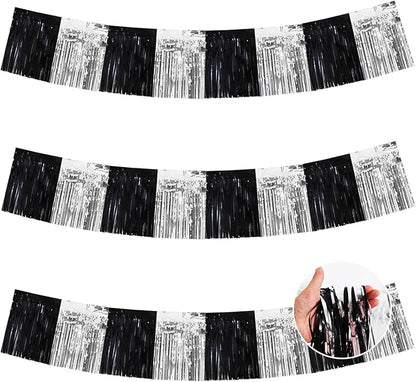 BEISHIDA 3 Packs Metallic Foil Fringe Garland Black Silver Wall Hanging Tinsel Fringe Banners for Car Floats Bridal Shower Wedding Birthday Easter Graduation Holiday Party Decoration(30 Feet)