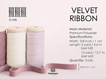 Vitalizart Velvet Ribbon Pink White Set 3/8" x 15 Yd Wooden Spool Fabric Trim 3 Rolls * 5 Yd for Christmas Wreath Decoration Handmade Craft Ornaments Gift Wrapping & Bow Making