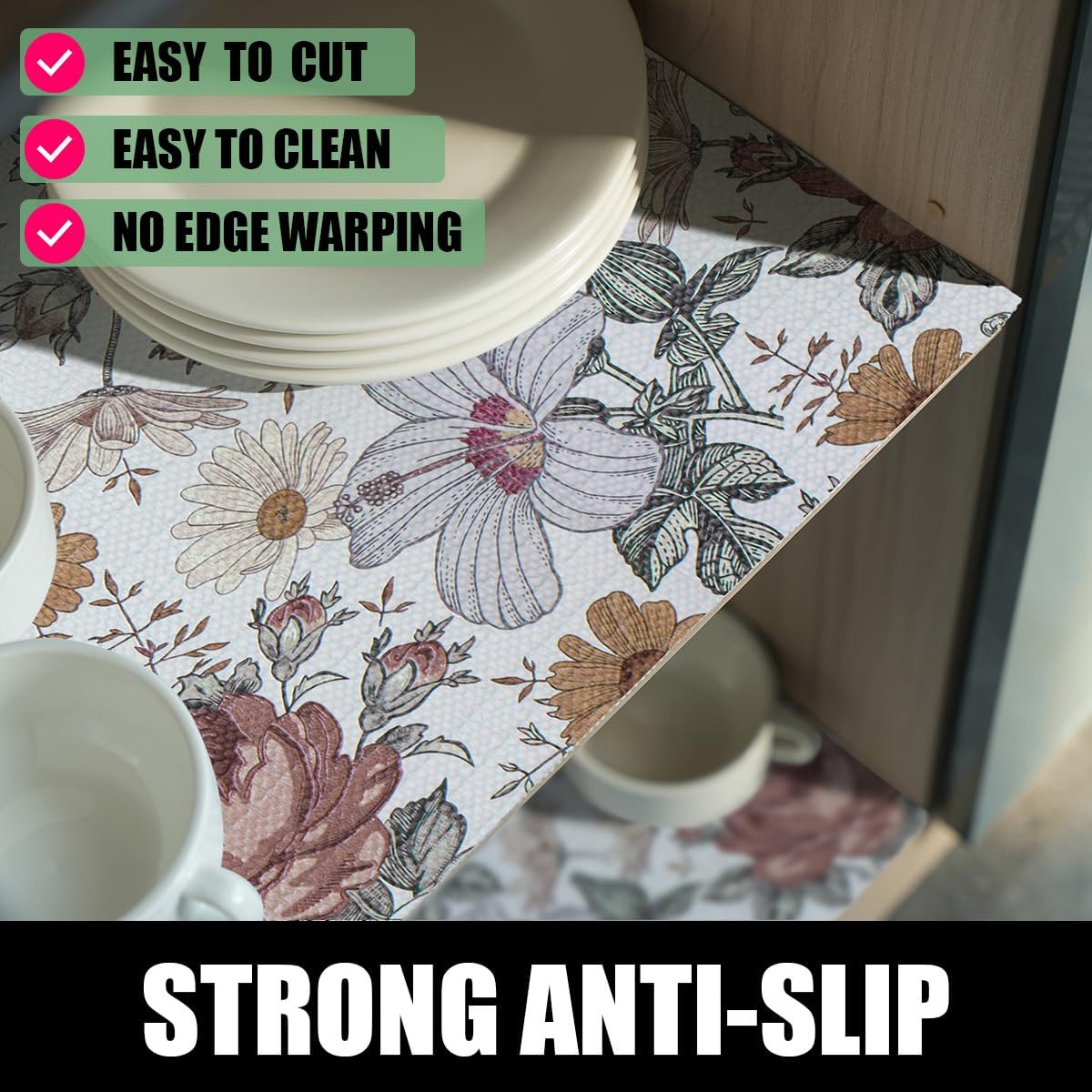 Floral Drawer Shelf Liners, 12IN x 20FT Non Adhesive and Strong Non-Slip Cabinet Drawer Shelf Liners for Kitchen Wire Fridge, Waterproof Shelf Liner,Easy to Clean