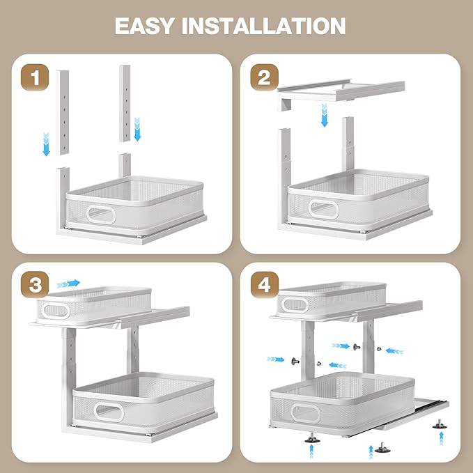 2 Pack Under Sink Organizer With Next-Gen Ball-Bearing Slides,2-Tier Precision Mesh Pull Out Cabinet Drawers Storage for Bathroom&Kitchen,Height Adjustable Shelf,Rust-resistant-Patent Pending