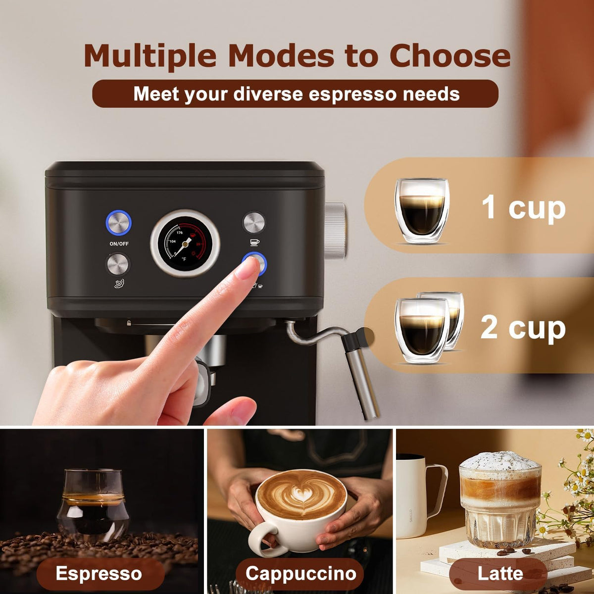 2in1 20 Bar Espresso Machine with Milk Frother, Coffee Latte Cappuccino Maker for Home, Coffee Machine Suitable for Coffee Powder/Capsules