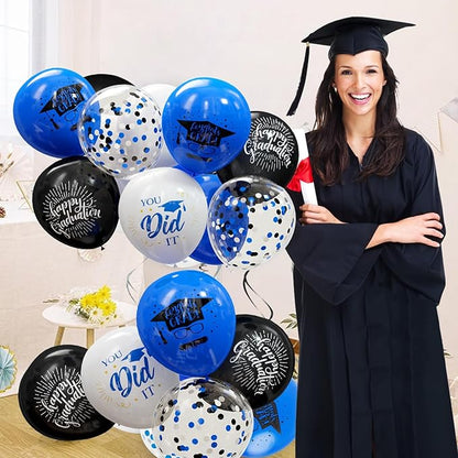 75 Pack Graduation Party Decorations Balloons Set - 12 Inch Black Blue Confetti Graduation Balloons with Ribbons for Grad Party Decoration Supplies