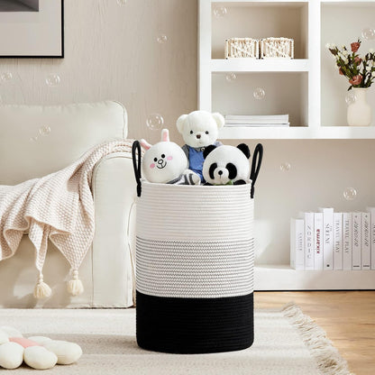 VIPOSCO Large Laundry Hamper, Tall Woven Rope Storage Basket for Blanket, Toys, Dirty Clothes in Living Room, Bathroom, Bedroom - 72L White & Black
