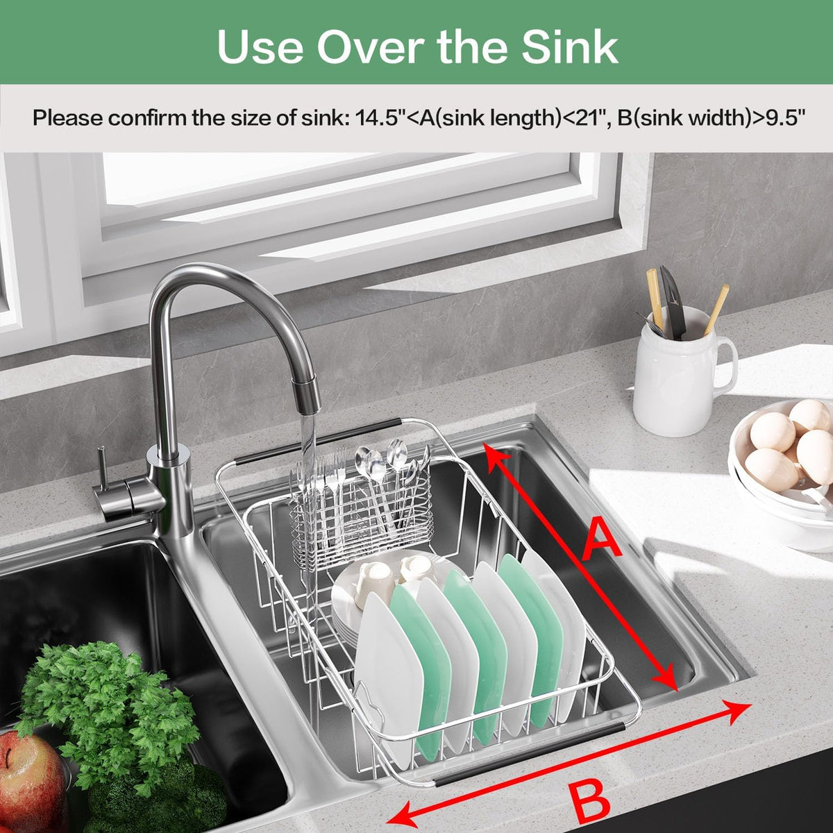 Dish Drainer Rack in Sink Adjustable, Expandable 304 Stainless Steel Metal Dish Drying Rack Organizer with Stainless Steel Utensil Holder Over Inside Sink Counter, Rustproof