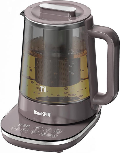 Titanium Hot Tea Maker Glass Electric Kettle with Infuser and Temperature Control,1.5L Tea Maker & 1500W Rapid Boiling,Programmable Control for your Favorite Teas and Coffee-Brown