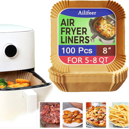 Air Fryer Disposable Paper Liner, 7.9in to 9.4inch Baking Parchment Paper Air fryer liners,100 PCS square Waterproof Oil-Proof High Temperature Cooking Non-Stick Liner for Ovens,Microwave