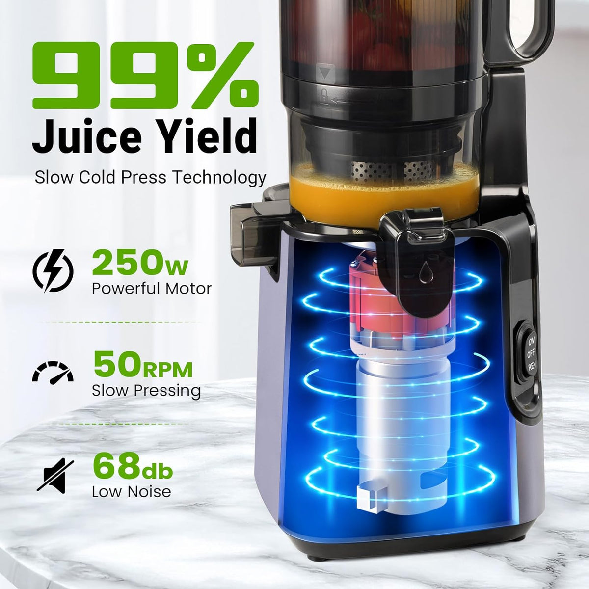 Ventray Cold Press Juicer, 5.1'' Extra Large Feed Chute Slow Masticating Juicer Machine for Whole Vegetables & Fruits, 250w, High Juice Yield, Easy to Clean with Brush, Great for Batch Juicing