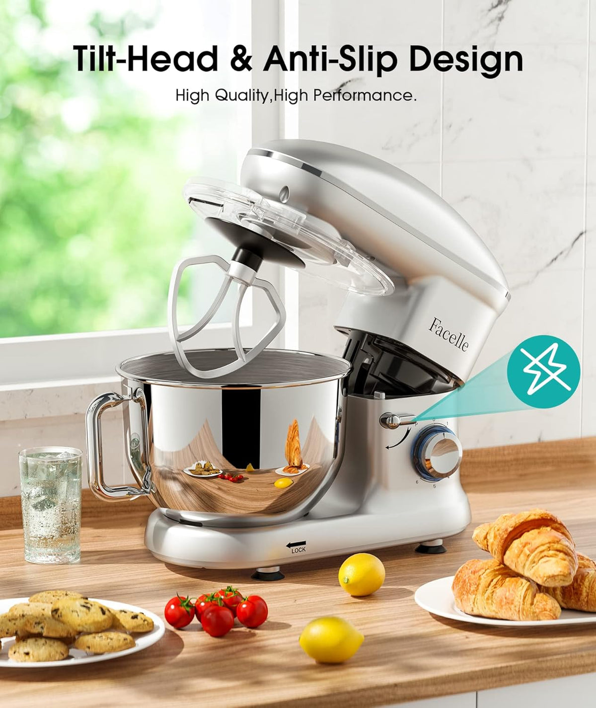 Facelle Stand Mixer, Electric Kitchen Mixer, 6 Speed Tilt-Head Stand Mixer with Pulse, Attachments include 6.5QT Bowl, Dishwasher Safe Beater
