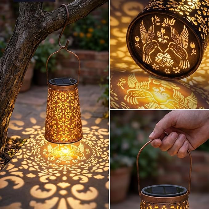 LeiDrail 2 Pack Hummingbird & Flower Solar Lanterns Outdoor, Hanging Waterproof Vintage Metal Lantern, Auto On/Off Garden Patio Yard Porch Pathway Decor, Gifts for Women Mom Grandma