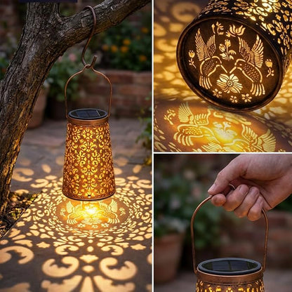 LeiDrail 2 Pack Hummingbird & Flower Solar Lanterns Outdoor, Hanging Waterproof Vintage Metal Lantern, Auto On/Off Garden Patio Yard Porch Pathway Decor, Gifts for Women Mom Grandma