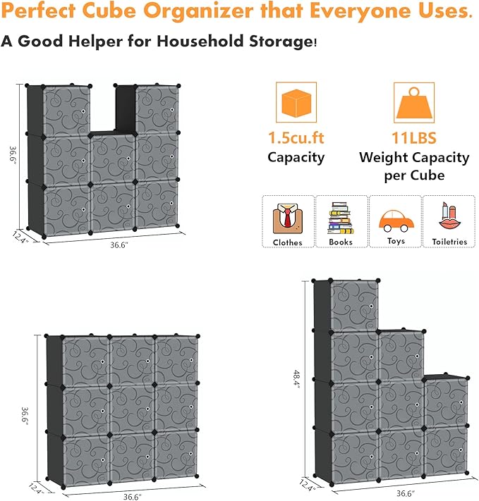 C&AHOME Cube Storage Organizer with Doors, 9-Cube Shelves, Closet Cabinet, DIY Plastic Modular Bookshelf, Storage Shelving Ideal for Bedroom, Living Room, 36.6”L x 12.4”W x 36.6”H Black USHS3009B-DOOR