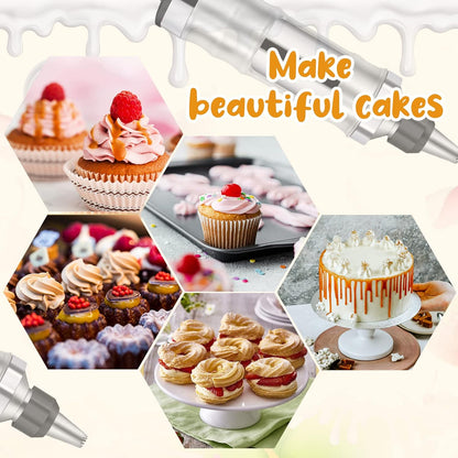 Dessert Decorating Syringe Set Frosting Piping Kit Stainless Steels Cake Decorating Tool 6 Russian Piping Icing Nozzles Cream Scraper Cupcake