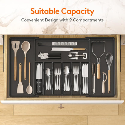 Lifewit Silverware Drawer Organizer, Expandable from 18.7 to 33 inches, Adjustable Utensil Tray for Kitchen, Large Cutlery Holder, Plastic Flatware Storage for Spoons Forks Knives, Black