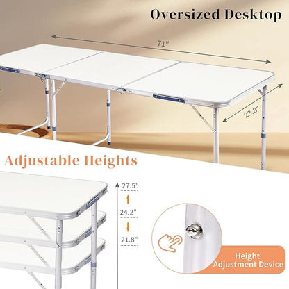 LeTinn 6FT Large Folding Camping Table, 3 Adjustable Heights Portable Aluminum Picnic Table – Heavy Duty Outdoor BBQ Table for 6-8 Person, White