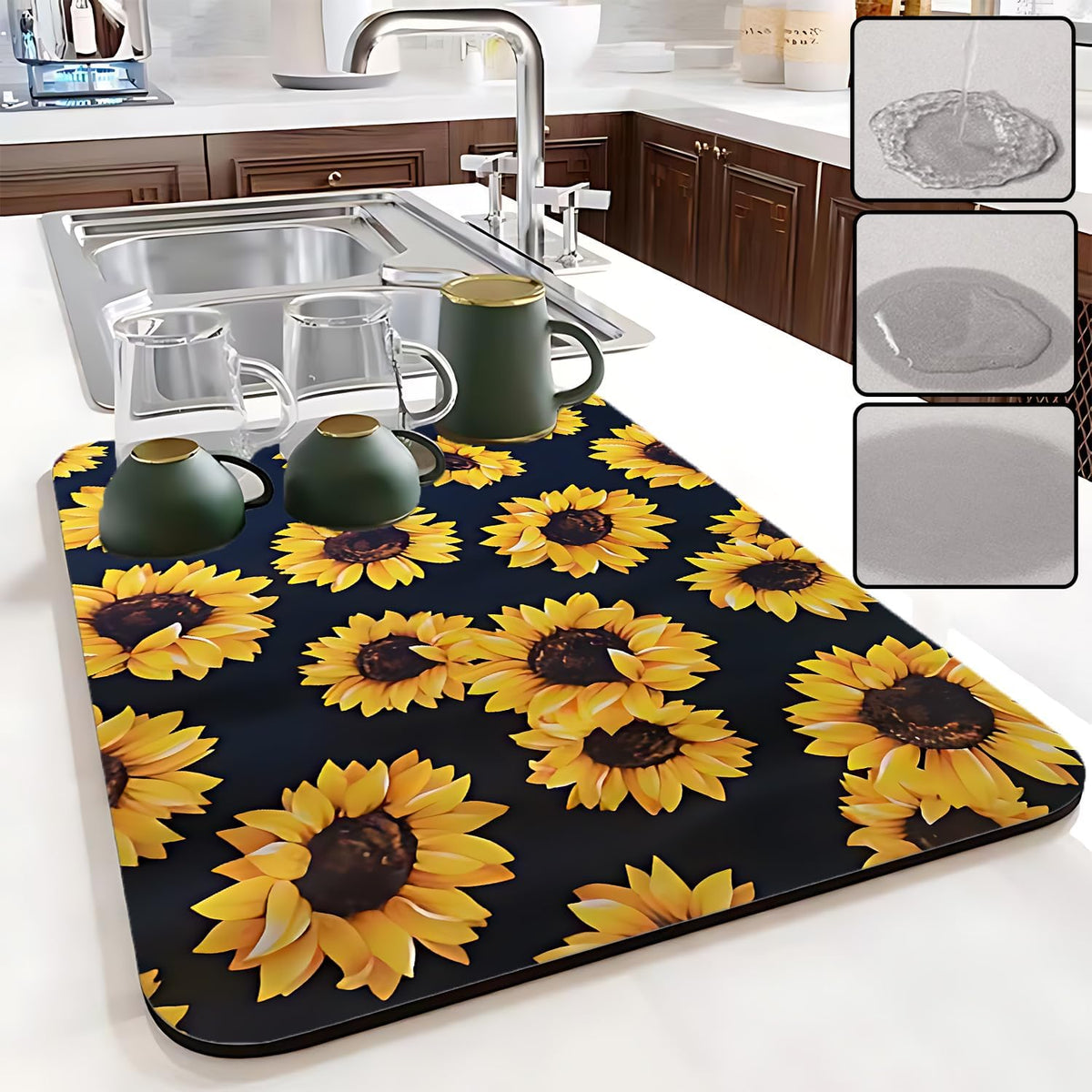 Dish Drying Mat Foldable Fall Kitchen Drying Mat Absorbent Sink Mat Multi-Purpose Coffee Pad Easy To Clean,Kitchen Gadgets,sunflower decor(sunflower) (18inches*30inches)