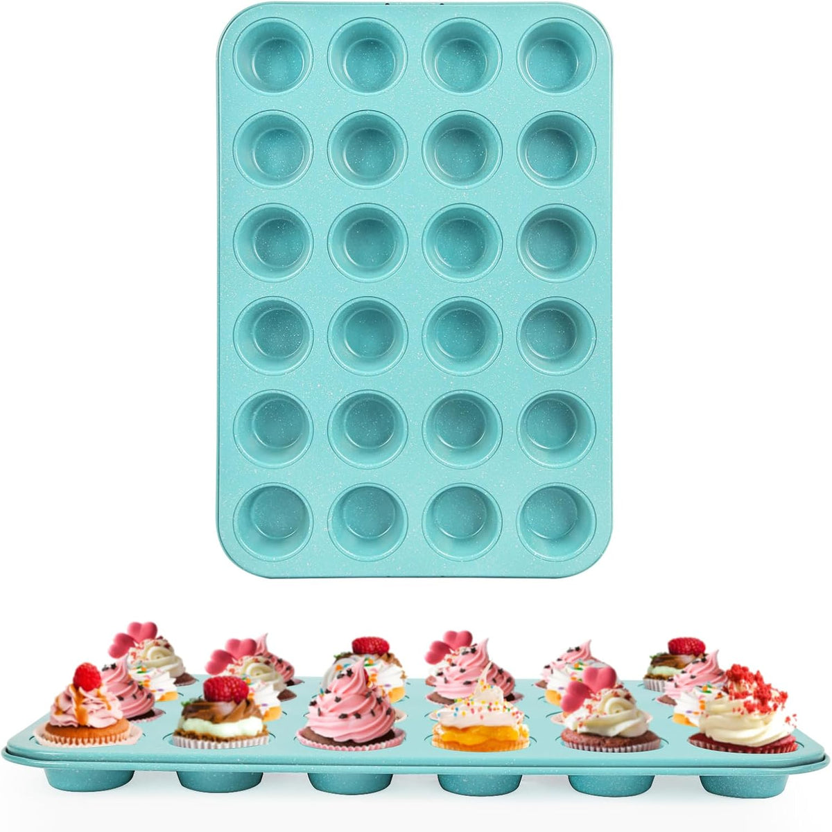 2-Pack Light Blue 24-Cup Ceramic Mini Muffin Pan – Non-Stick Muffin Tin, PFOA-Free, Healthy Baking, Perfect for Cupcakes