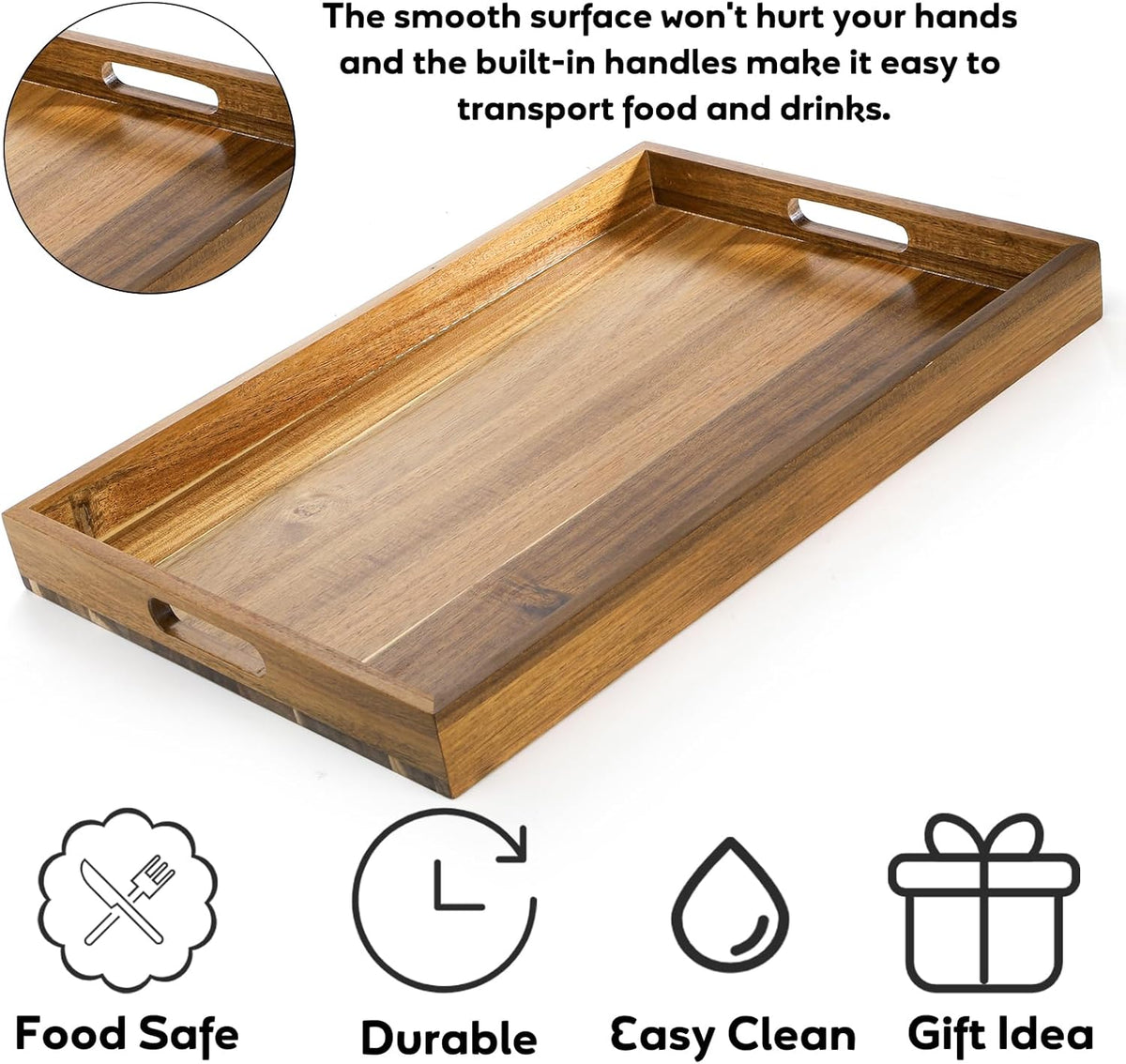 Youeon 2 Pack Large Acacia Wood Serving Tray with Handles, 17x12 Inch Decorative Wood Trays for Serving Food, Party, Rectangle Ottoman Tray