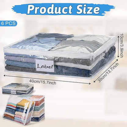 6 Pcs Clear Zippered Storage Bags, Plastic Sweater Storage Bags with Zipper and Label, Clear Vinyl Sweater Bag for Blankets, Linen, Bed Sheet, Pillow, Sweaters