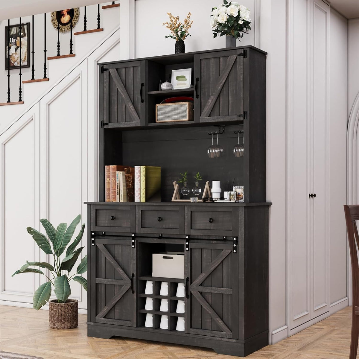 4 Ever Winner 72" Coffee Bar Cabinet with Sliding Barn Door & Wine Racks, Hutch Cabinet with Storage and 3 Drawers