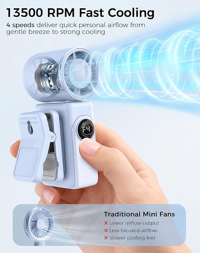 Hotsales Clip-On Portable Fan, 13500 RPM Rechargeable Handheld Mini Fan with LED Display, 360° Rotating Detachable Clip, Stroller Fan for Baby, Compact Travel Essentials/Lash, Summer Gifts for Women